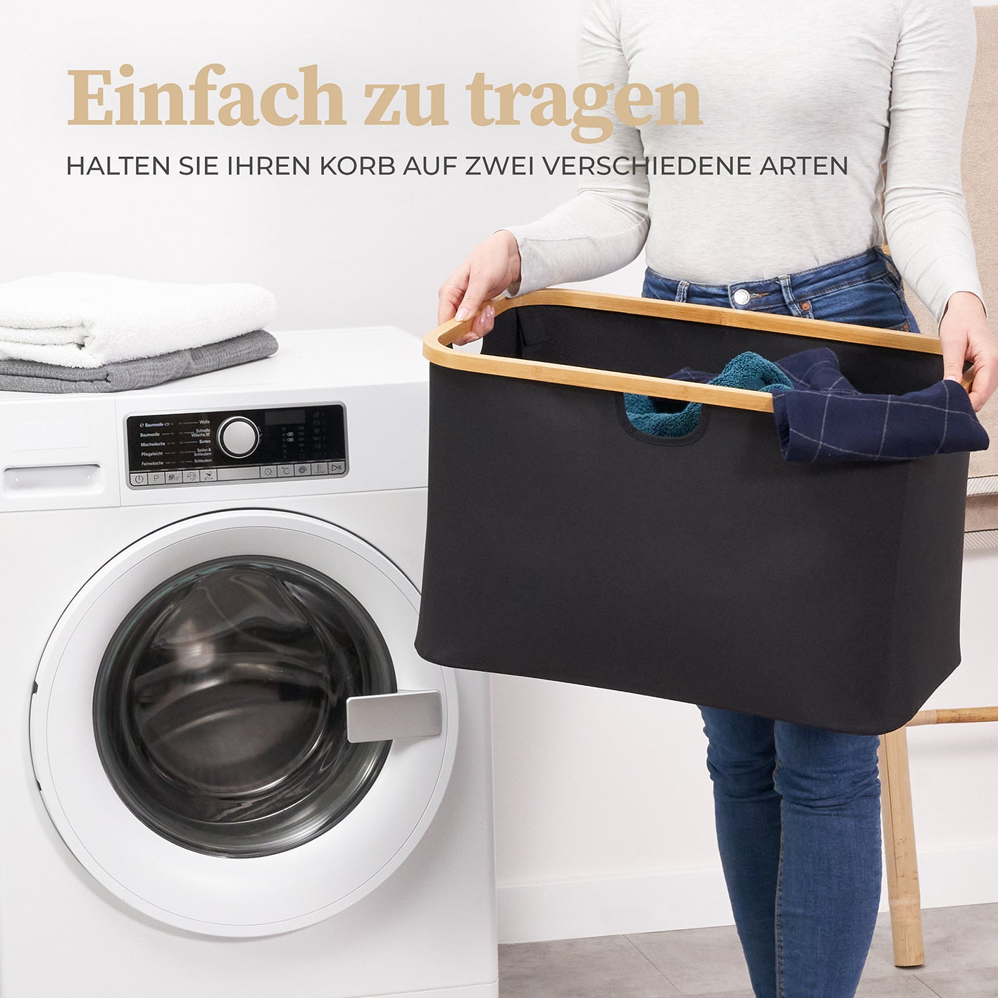 Aufbewahrungskorb "Adrian" 60 l - Schwarz mit stabilem Bambusrahmen, faltbar, ideal für Wäsche und vielseitige Aufbewahrung.