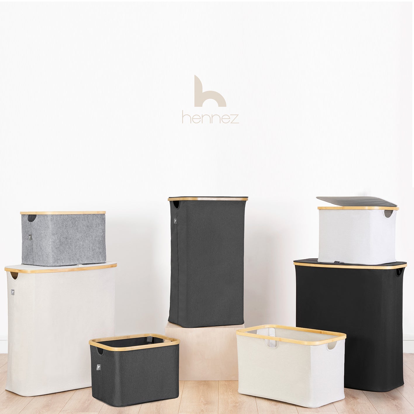 Aufbewahrungskorb "Adrian" 60 l Schwarz, faltbar mit Bambusrahmen, großer, stabiler Wäschekorb für vielfältige Nutzung im Haushalt.