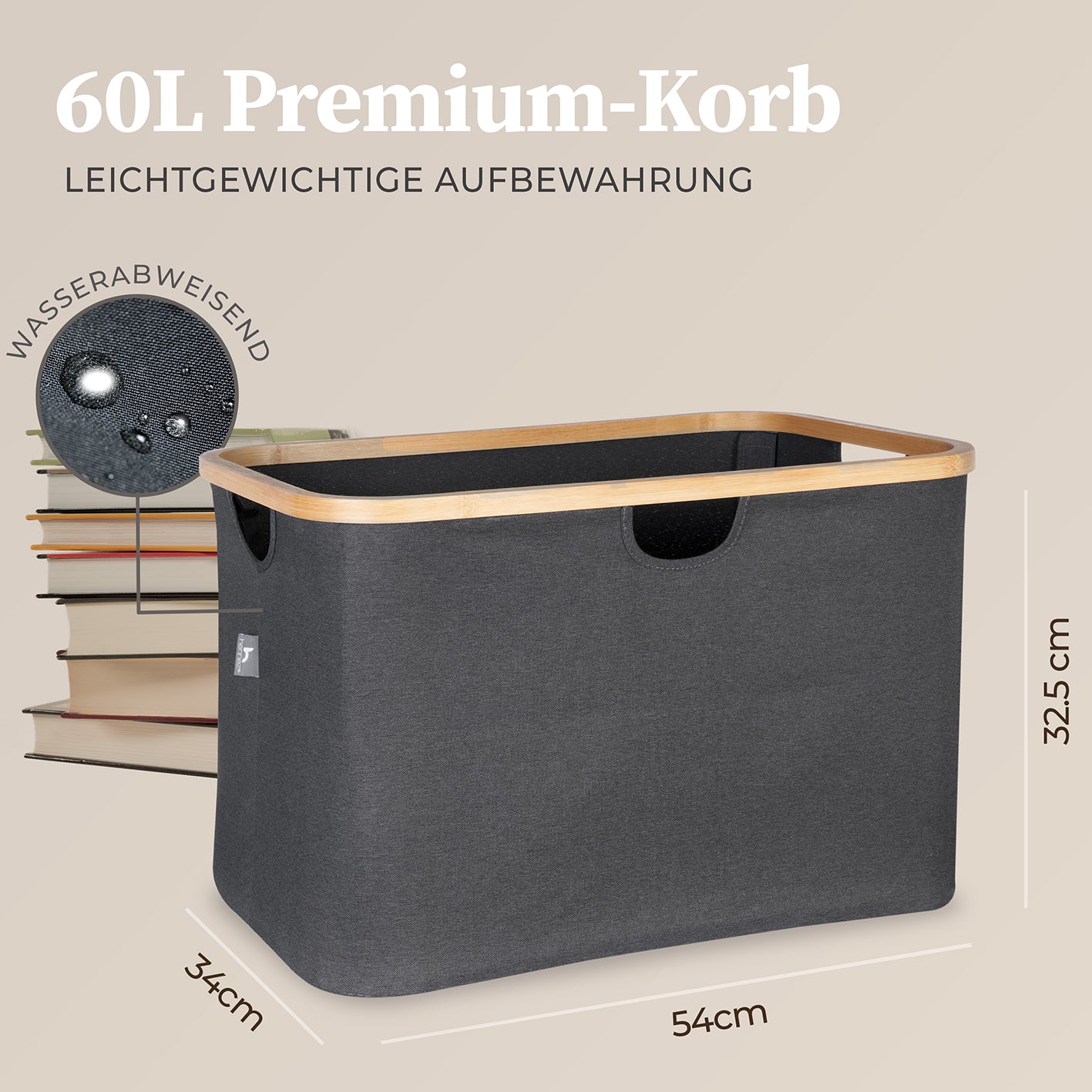 Aufbewahrungskorb "Adrian" 60 l - Grau, faltbar mit Bambusrahmen, stabil, wasserabweisend, vielseitig für Haushalt und Lagerung.