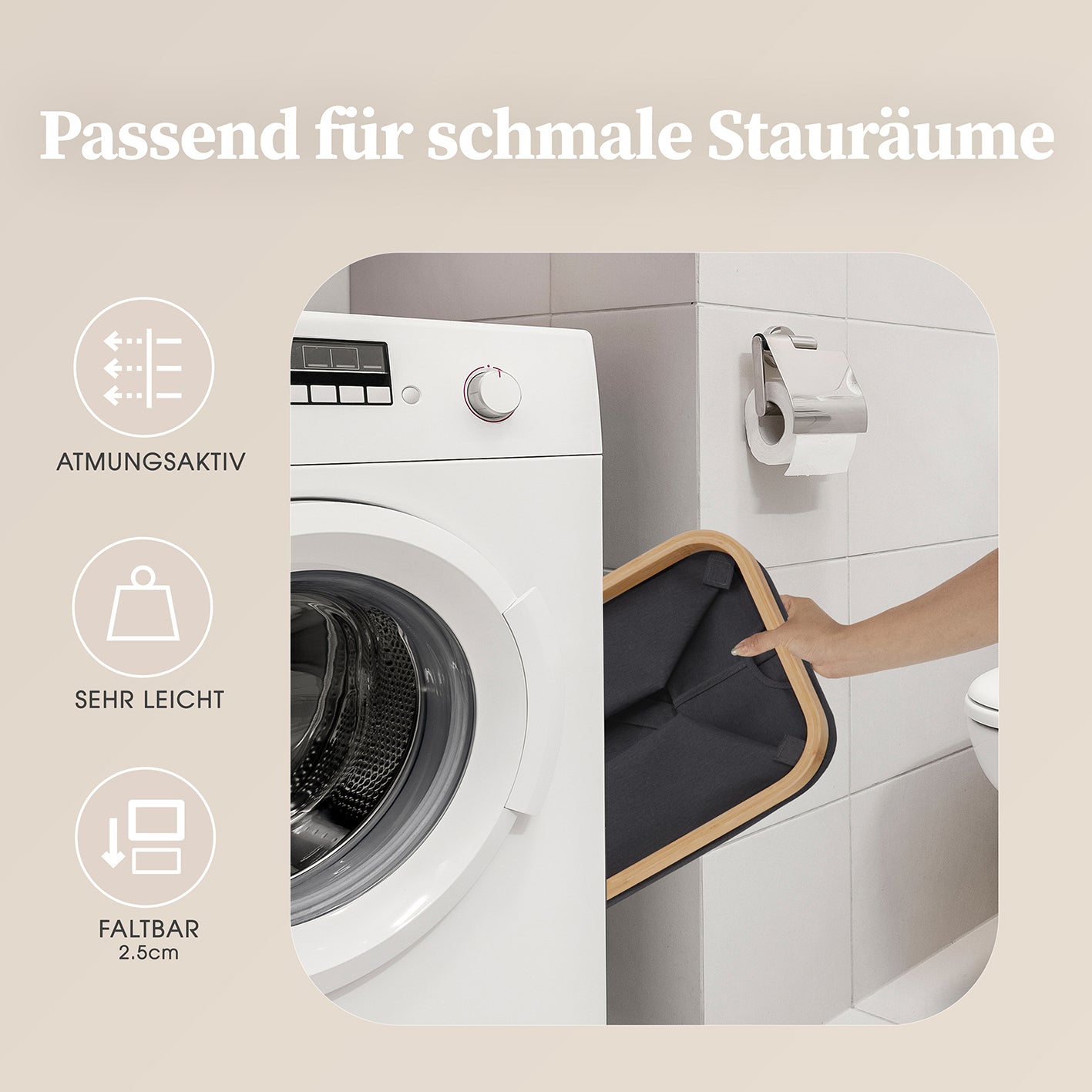 Aufbewahrungskorb "Adrian" 60 l Grau, faltbar, atmungsaktiv, stabiler Bambusrahmen, ideal für schmale Räume und Wäsche.