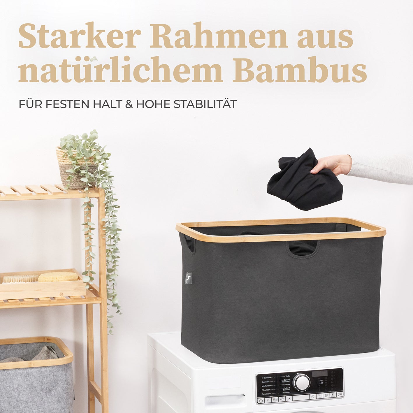 Aufbewahrungskorb "Adrian" 60 l - Grau mit stabilem Bambusrahmen, faltbar, ideal für Wäsche und vielseitige Aufbewahrung zu Hause.