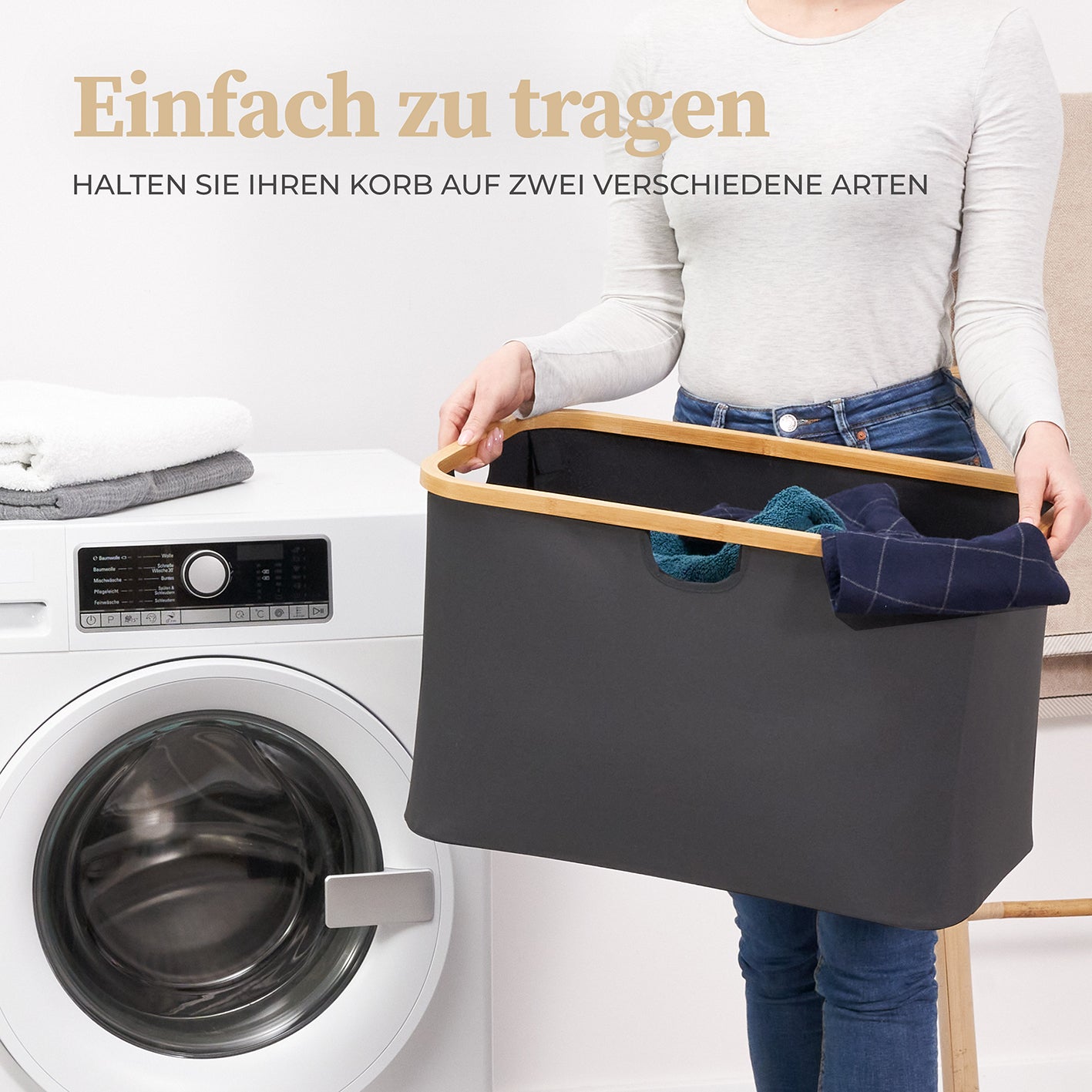 Aufbewahrungskorb "Adrian" 60 l Grau, großer Wäschekorb mit Bambusrahmen, faltbar, stabil und vielseitig für Zuhause.