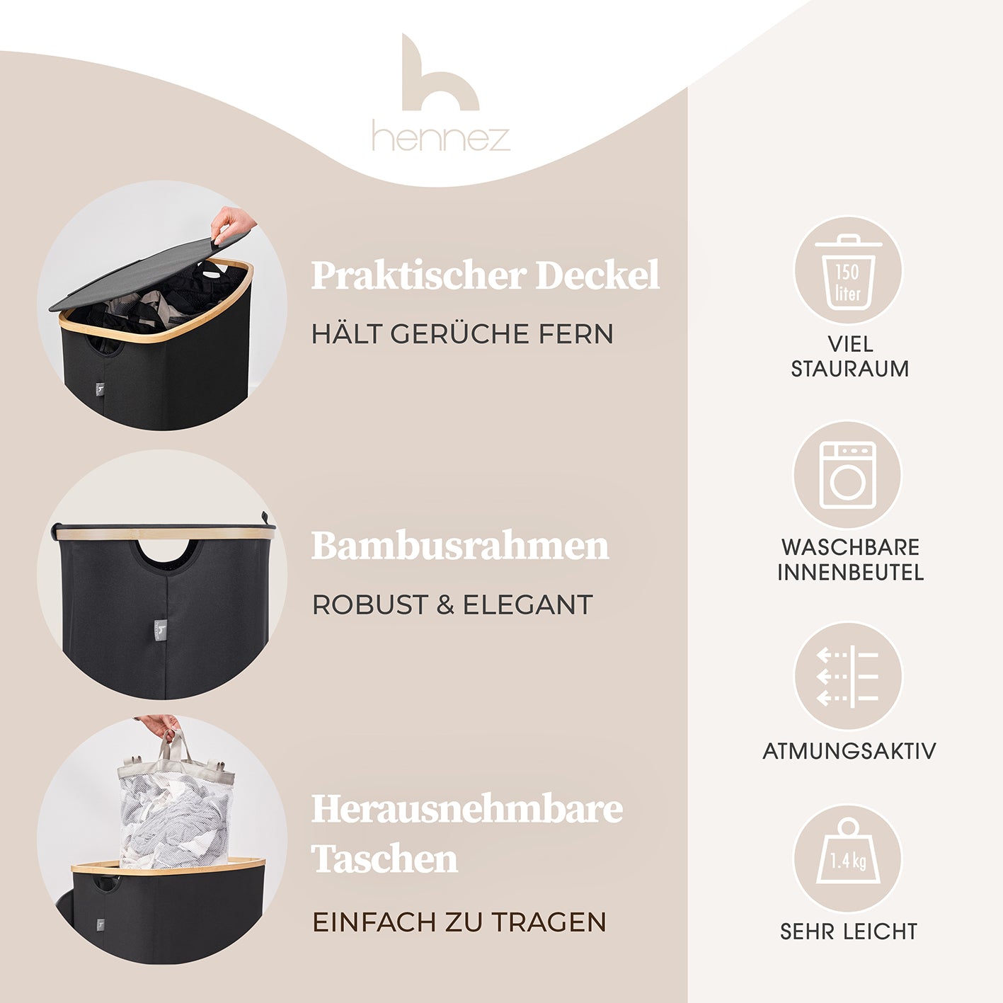 Aufbewahrungskorb "Adrian" 150 l mit Deckel & 3 Fächern – schwarzer Wäschekorb mit Bambusrahmen und herausnehmbaren Taschen.
