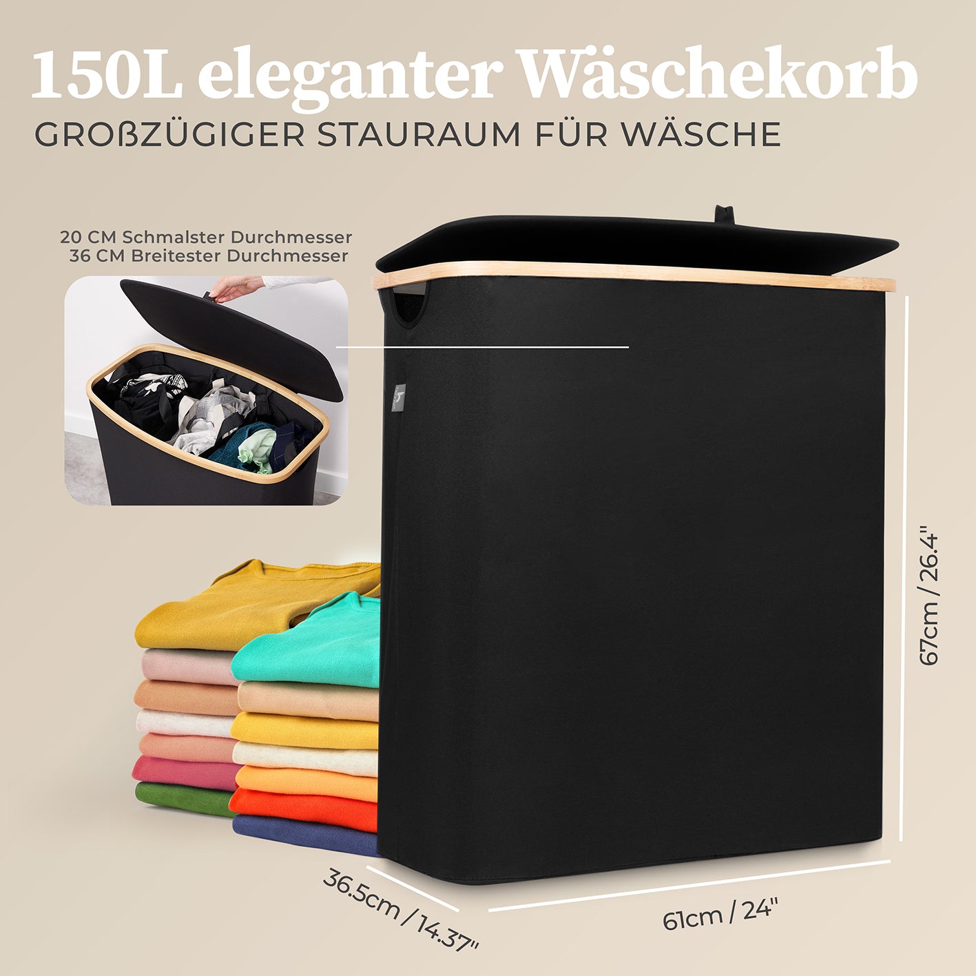 Aufbewahrungskorb "Adrian" 150 l mit Deckel & 3 Fächern in Schwarz, großer Wäschekorb mit Bambus-Applikation und Waschbeutel.