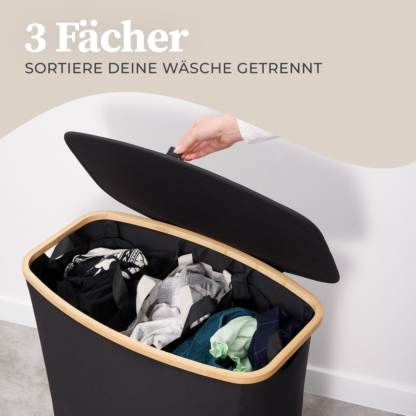 Aufbewahrungskorb "Adrian" 150 l mit Deckel & 3 Fächern in Schwarz, separiert Wäsche sauber und geruchsfrei.