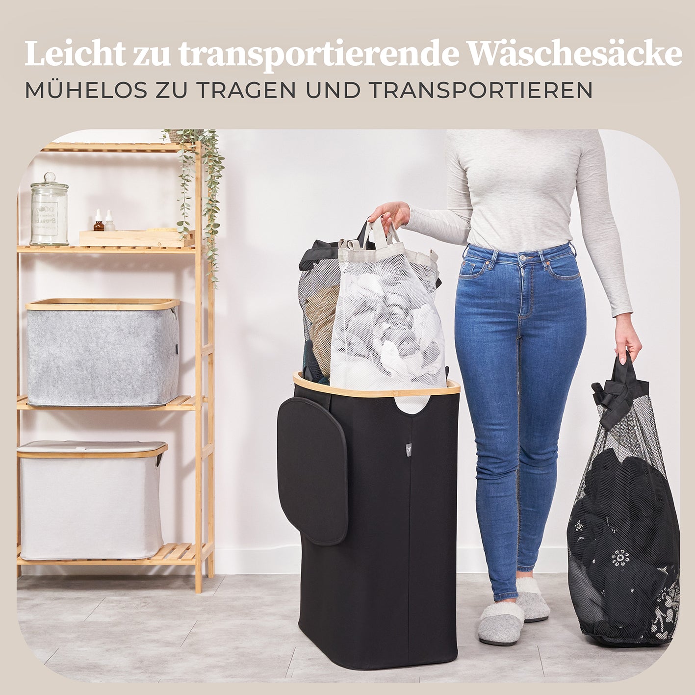Aufbewahrungskorb "Adrian" 150 l mit Deckel & 3 Fächern – schwarzer Wäschekorb mit leicht transportierbaren, waschbaren Innensäcken.