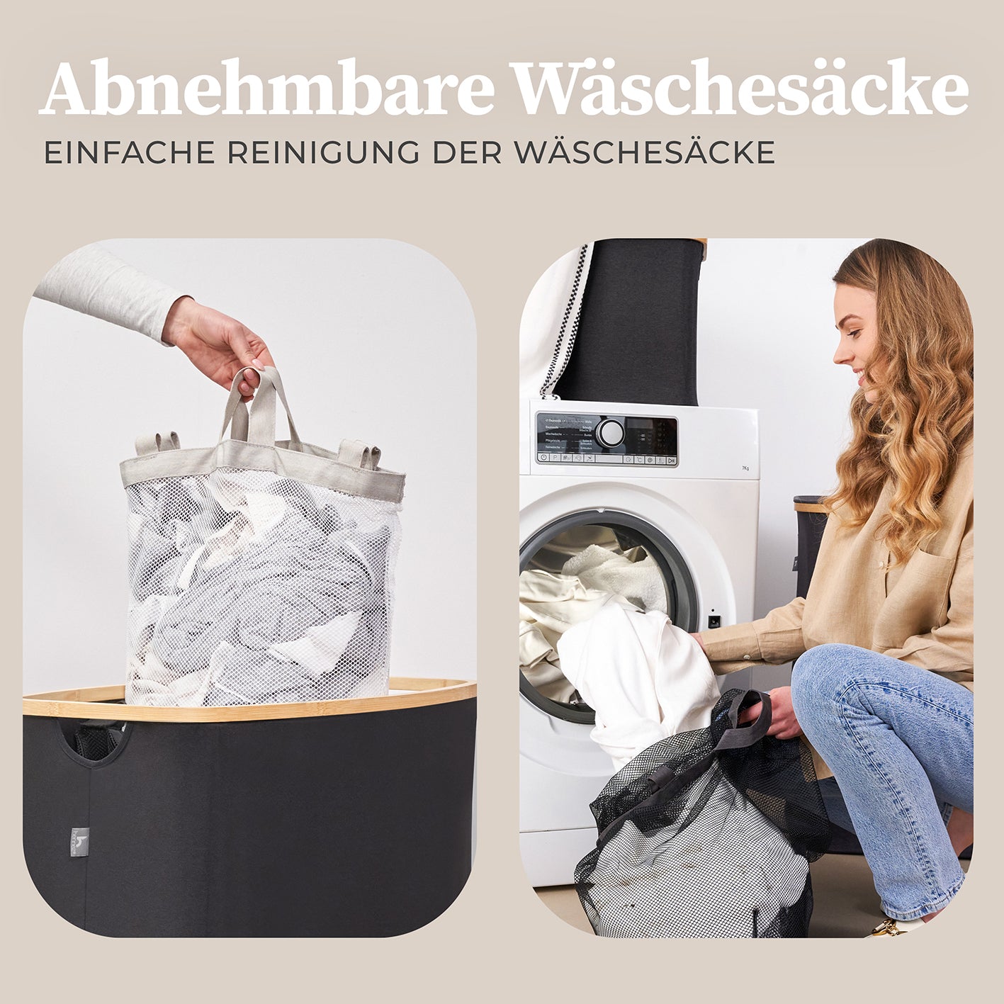 Aufbewahrungskorb "Adrian" 150 l schwarz mit Deckel und 3 Fächern, abnehmbare waschbare Wäschesäcke, stabil und klappbar.