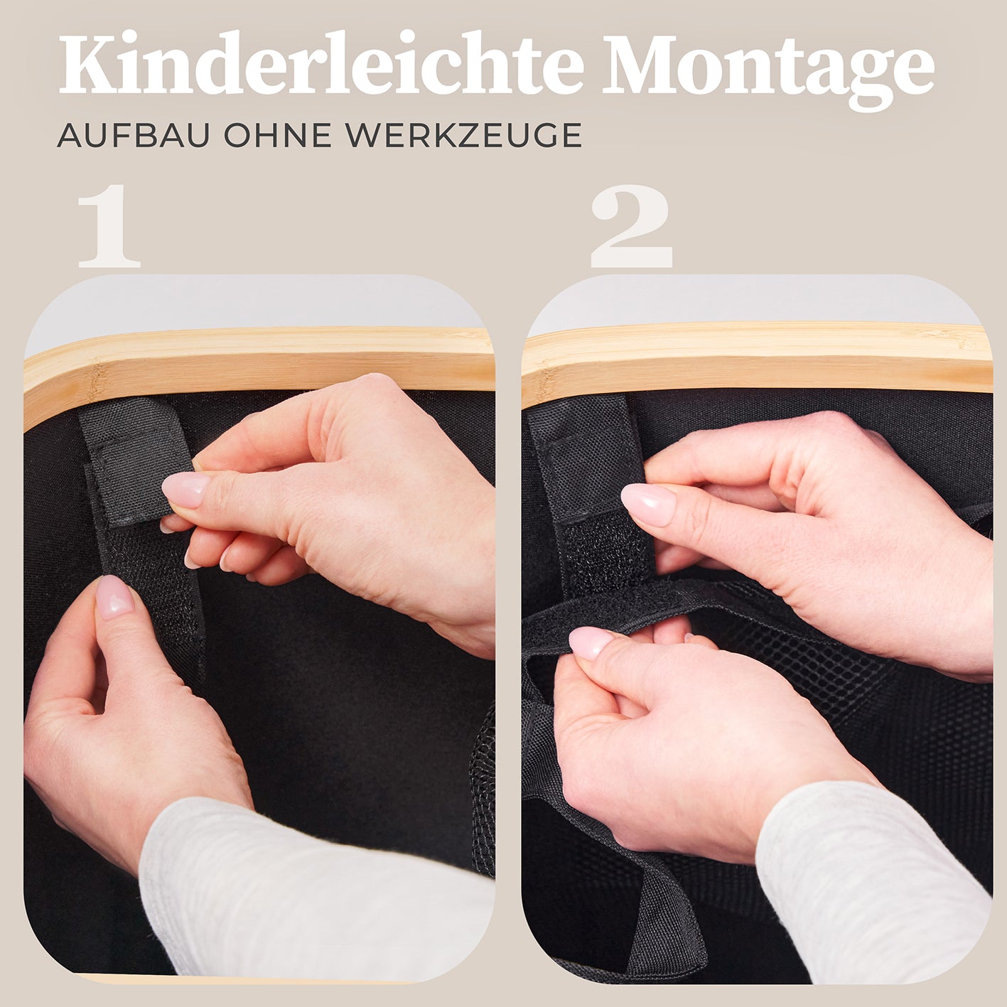 Aufbewahrungskorb "Adrian" 150 l mit Deckel & 3 Fächern, einfache Montage ohne Werkzeug, stabiles Bambusrahmen-Design in Schwarz.