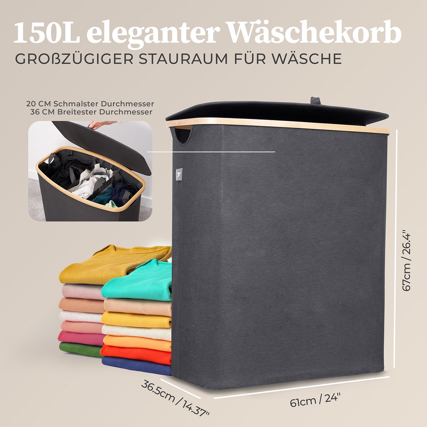 Aufbewahrungskorb "Adrian" 150 l mit Deckel & 3 Fächern in Grau, großer Wäschekorb mit Bambus-Applikation und praktischem Innensack.