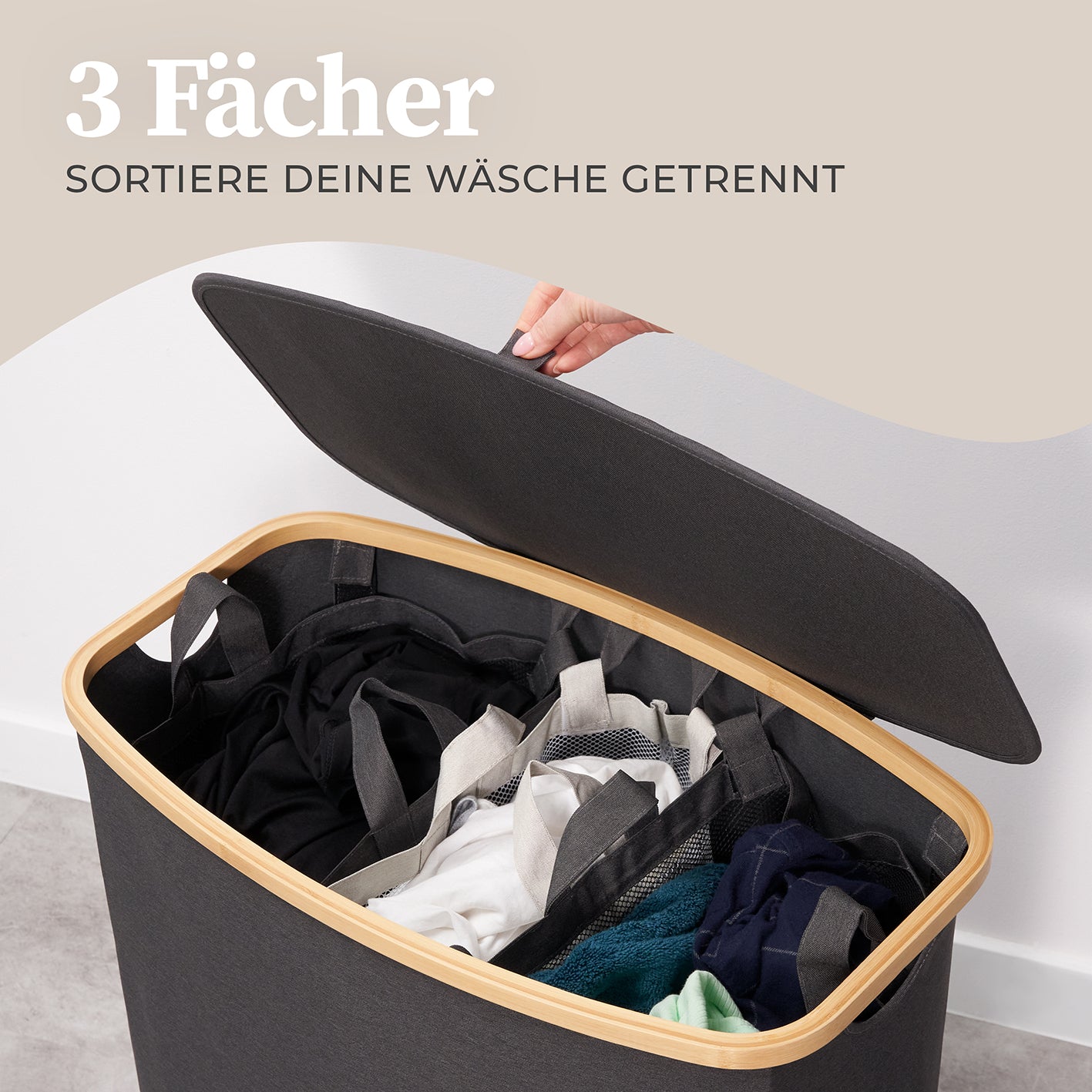 Aufbewahrungskorb "Adrian" 150 l mit Deckel & 3 Fächern, grauer Wäschekorb mit Bambusrand und getrennten Fächern.