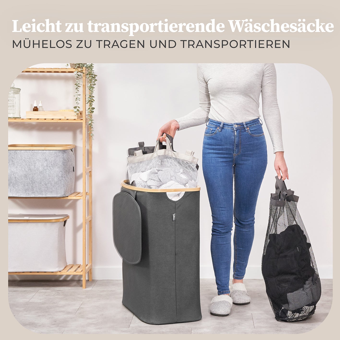 Aufbewahrungskorb "Adrian" 150 l mit Deckel & 3 Fächern in Grau, waschbarer Innensack, einfach zu tragen und geruchsneutral.