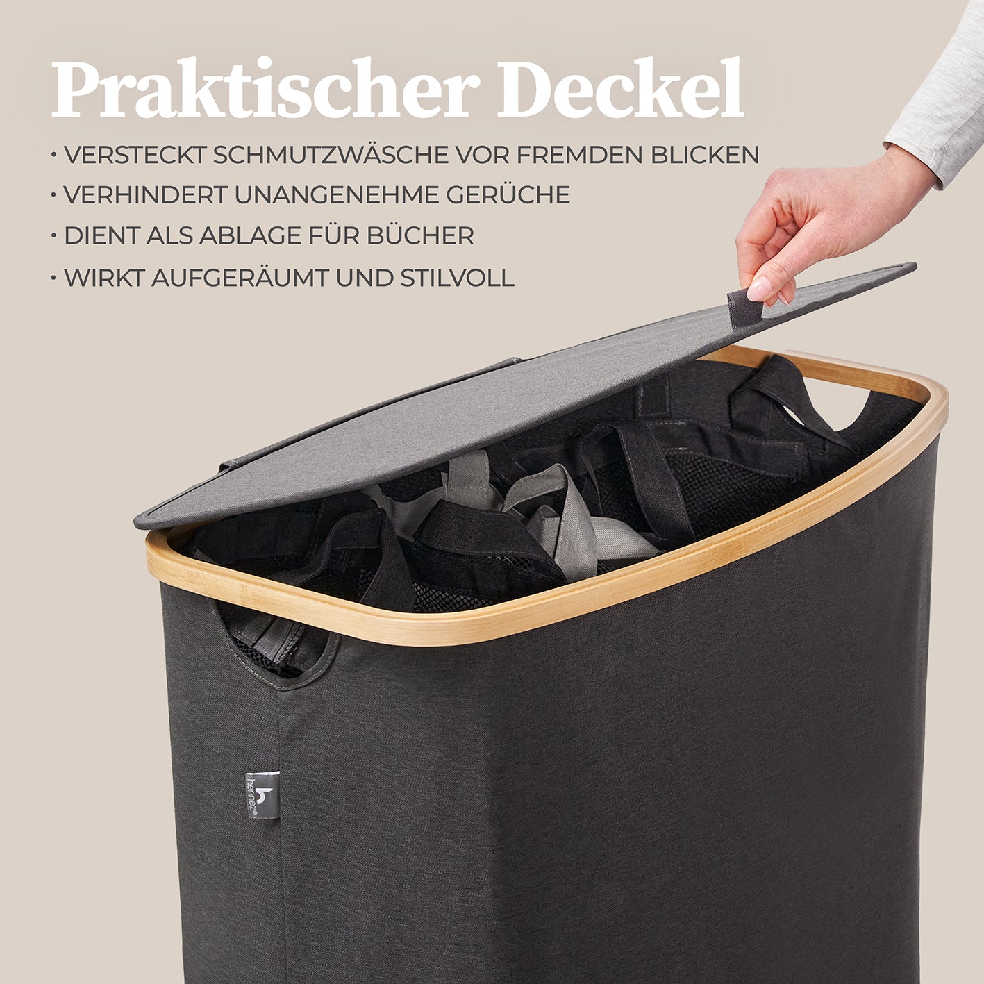 Aufbewahrungskorb "Adrian" 150 l mit Deckel & 3 Fächern in Grau, stilvoll und geruchsdicht für Schmutzwäsche.