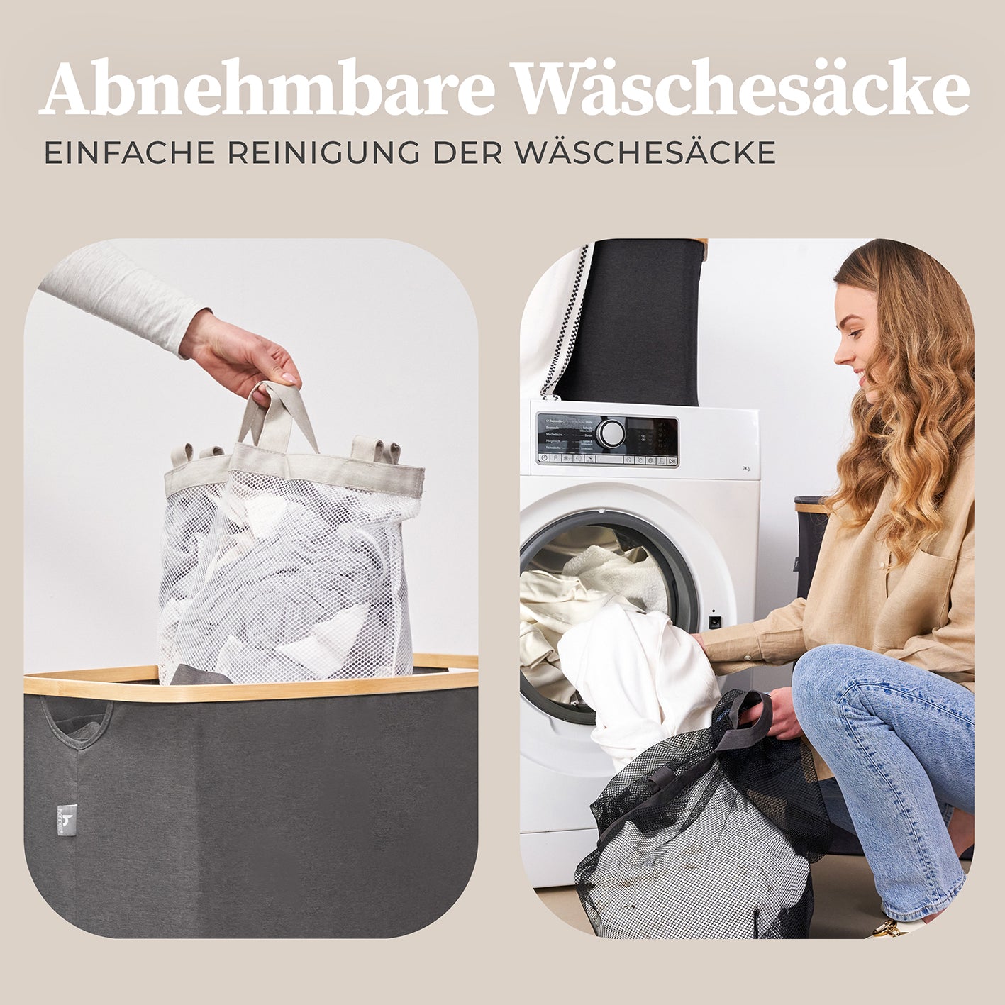 Aufbewahrungskorb "Adrian" 150 l mit Deckel & 3 Fächern – schwarzer waschbarer Innensack zum einfachen Wäschetransport.