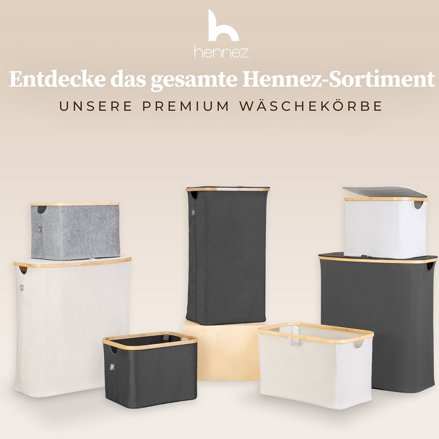 Aufbewahrungskorb "Adrian" 150 l mit Deckel & 3 Fächern in Grau, stabil, klappbar, mit Bambus-Applikation, für geruchsfreie Wäschelagerung.