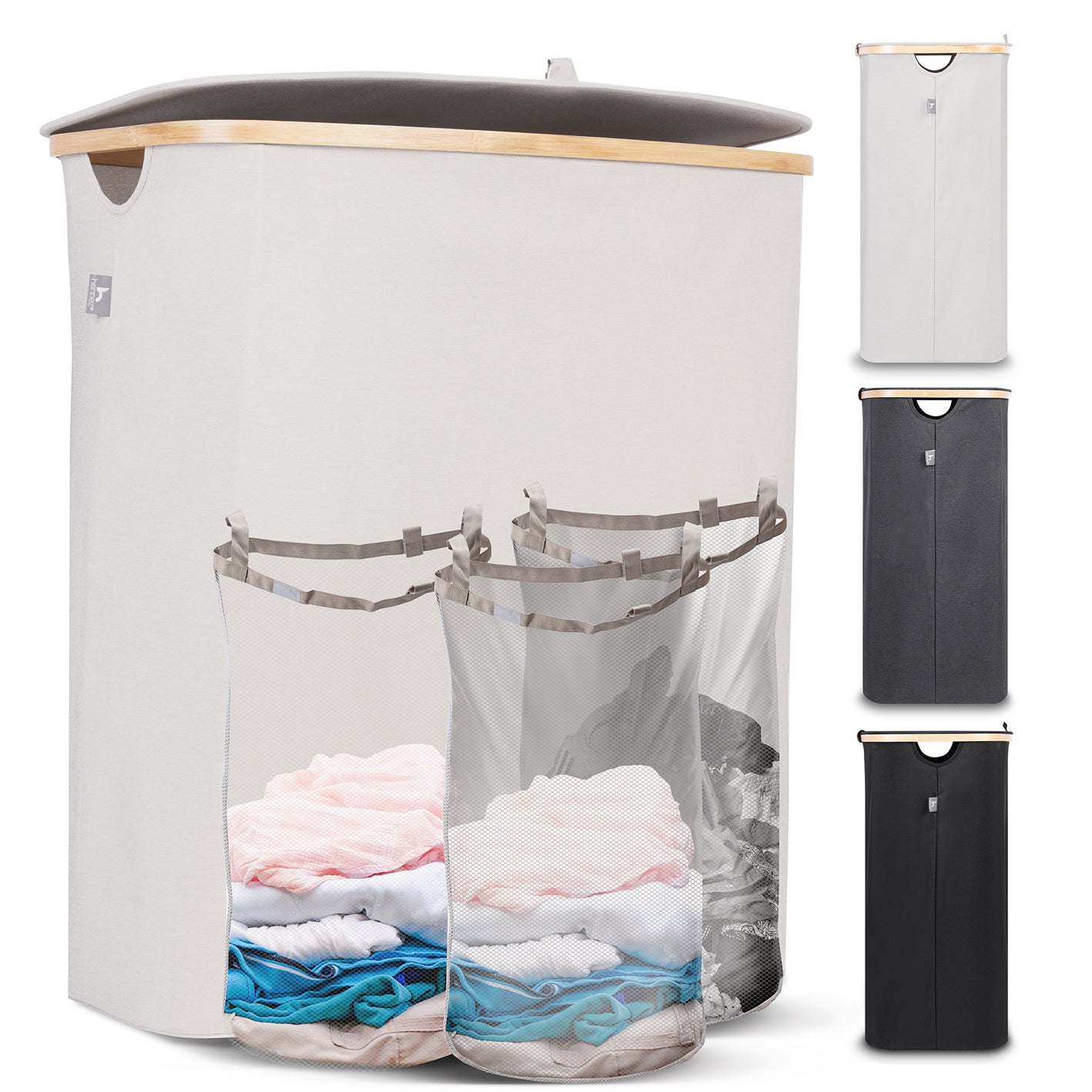 Aufbewahrungskorb "Adrian" 150 l mit Deckel & 3 Fächern beige, waschbarer Innensack, Bambus-Applikation, stabil und klappbar.