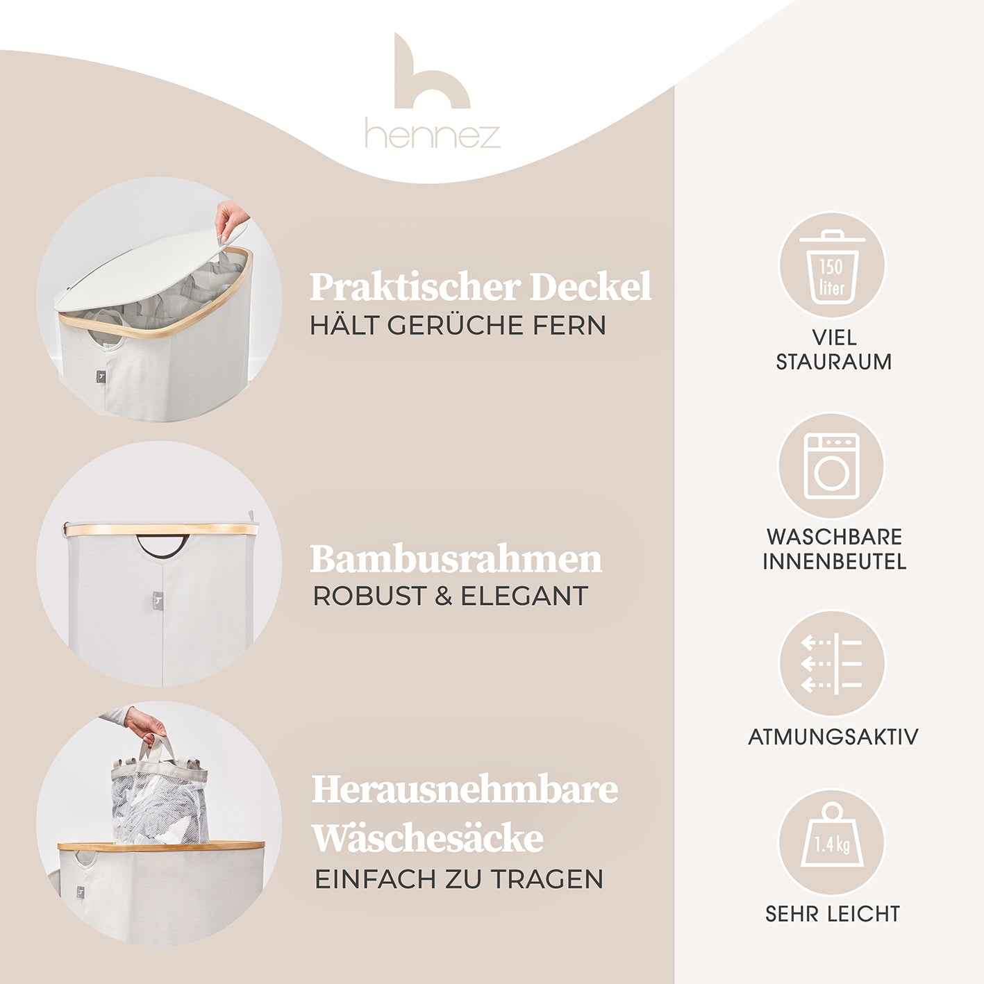 Aufbewahrungskorb "Adrian" 150 l Beige mit Deckel, 3 Fächern, Bambusrahmen und waschbarem Innensack, geruchsneutral und klappbar.