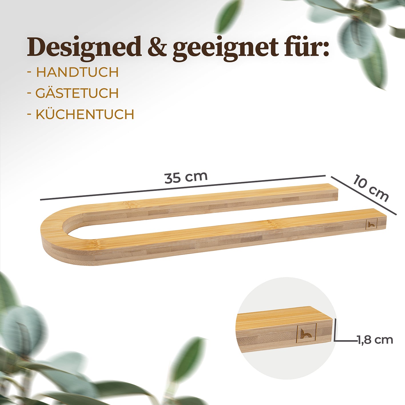 Handtuchstange "Alfred" ohne Bohren aus nachhaltigem Bambus, 35x10 cm, ideal für Hand-, Gäste- und Küchentücher.