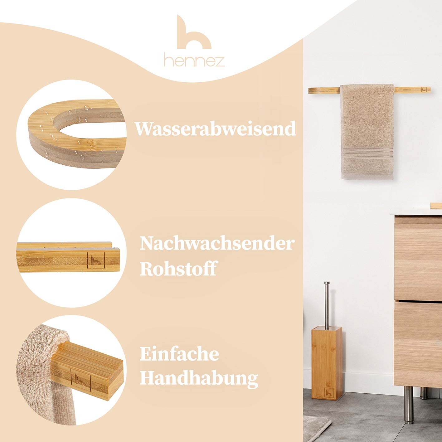 Handtuchstange "Alfred" ohne Bohren aus Bambus, wasserabweisend, nachhaltiger Rohstoff, einfache Montage und Handhabung