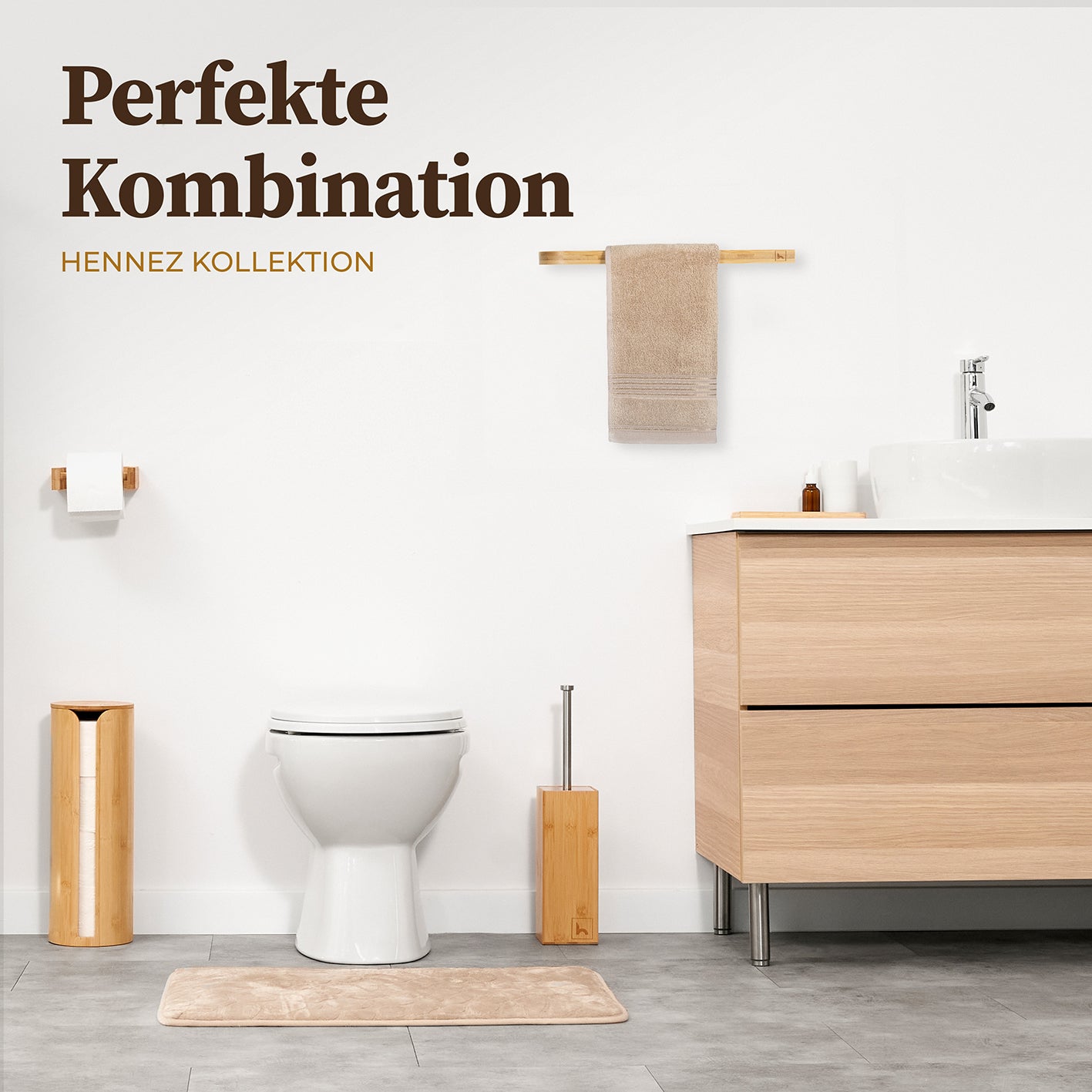 Handtuchstange "Alfred" ohne Bohren aus Bambus im modernen Bad mit passendem Zubehör und natürlichem Design.