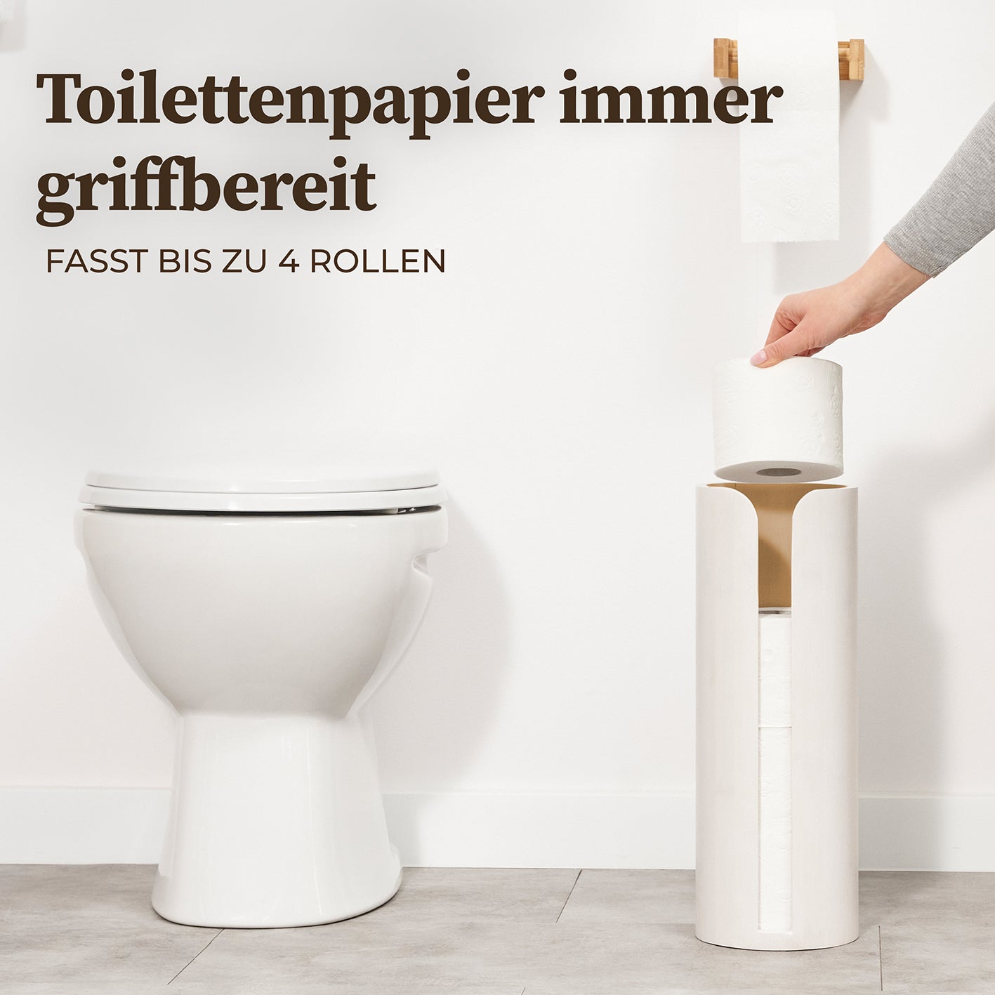 Hennez Toilettenpapier-Aufbewahrung "Maria" Weiß aus Bambus, platzsparend, für bis zu 4 Rollen, mit praktischem Deckel und Füllstandsanzeige.