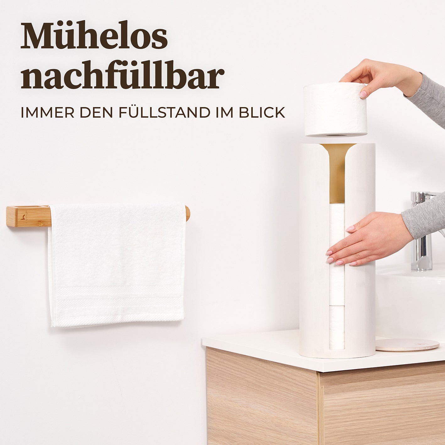 Hennez Toilettenpapier-Aufbewahrung "Maria" Weiß aus Bambus, platzsparend, mit Sichtfenster, für 4 Ersatzrollen im Bad.