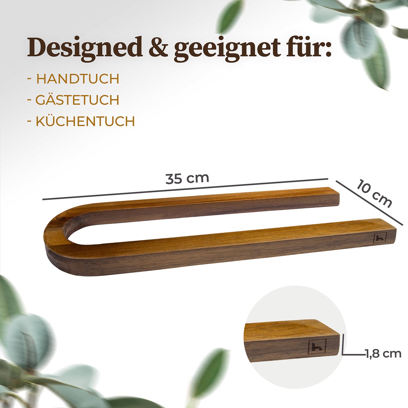 Handtuchstange "Alfred" ohne Bohren aus Akazienholz, 35x10 cm, ökologisch, vielseitig für Handtuch, Küchentuch und Gästetuch.