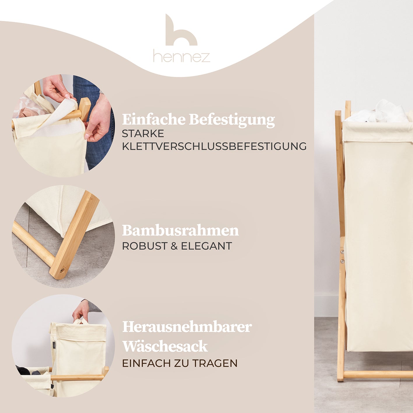 Wäschesammler "Xavier" 150 l - 3 Fächer - Beige mit Bambusrahmen, Klettverschluss und herausnehmbarem Wäschesack für einfache Nutzung.