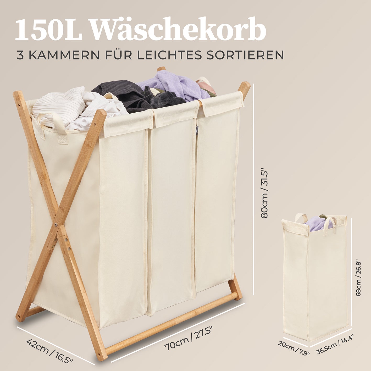 Wäschesammler "Xavier" 150 l - 3 Fächer - Beige mit Bambusgestell, 3 Fächern und seitlichen Griffen zum Sortieren und Tragen der Wäsche.