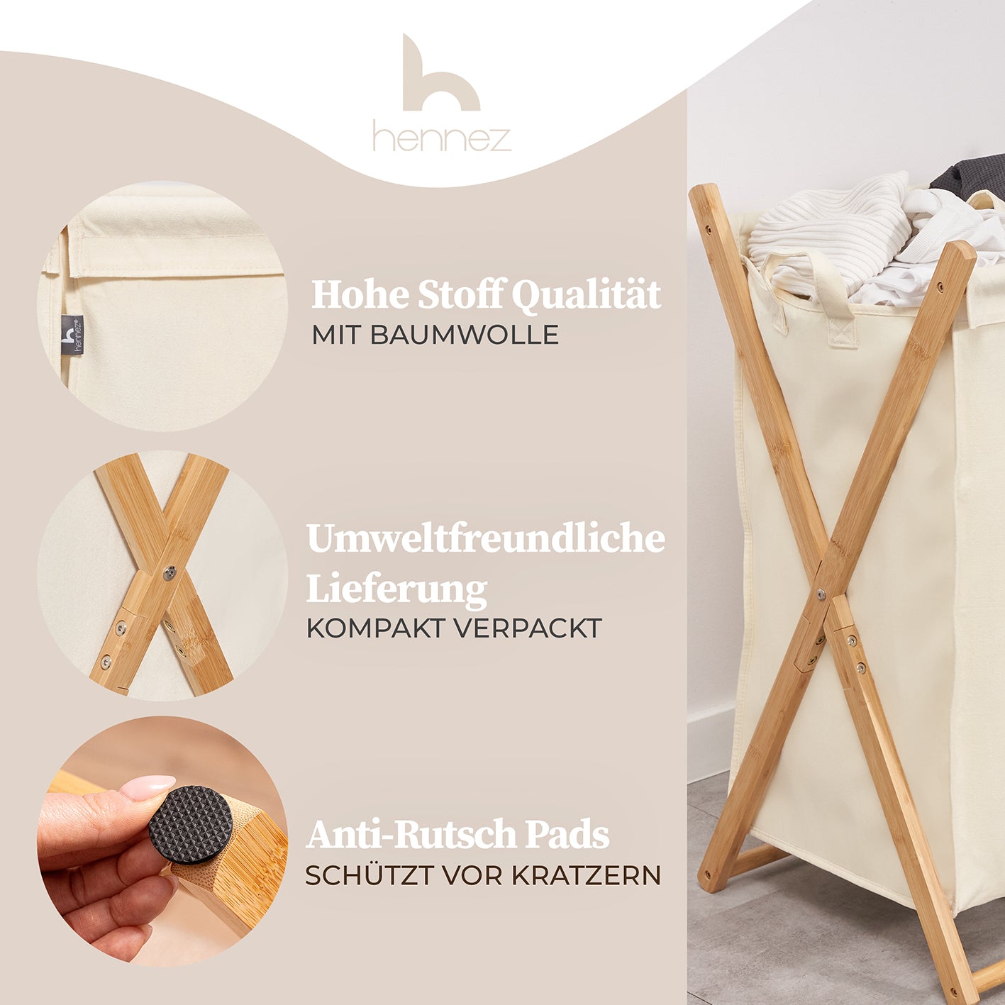Wäschesammler "Xavier" 150 l beige mit Bambusgestell, 3 Fächern, Anti-Rutsch Pads und hoher Stoffqualität aus Baumwolle.