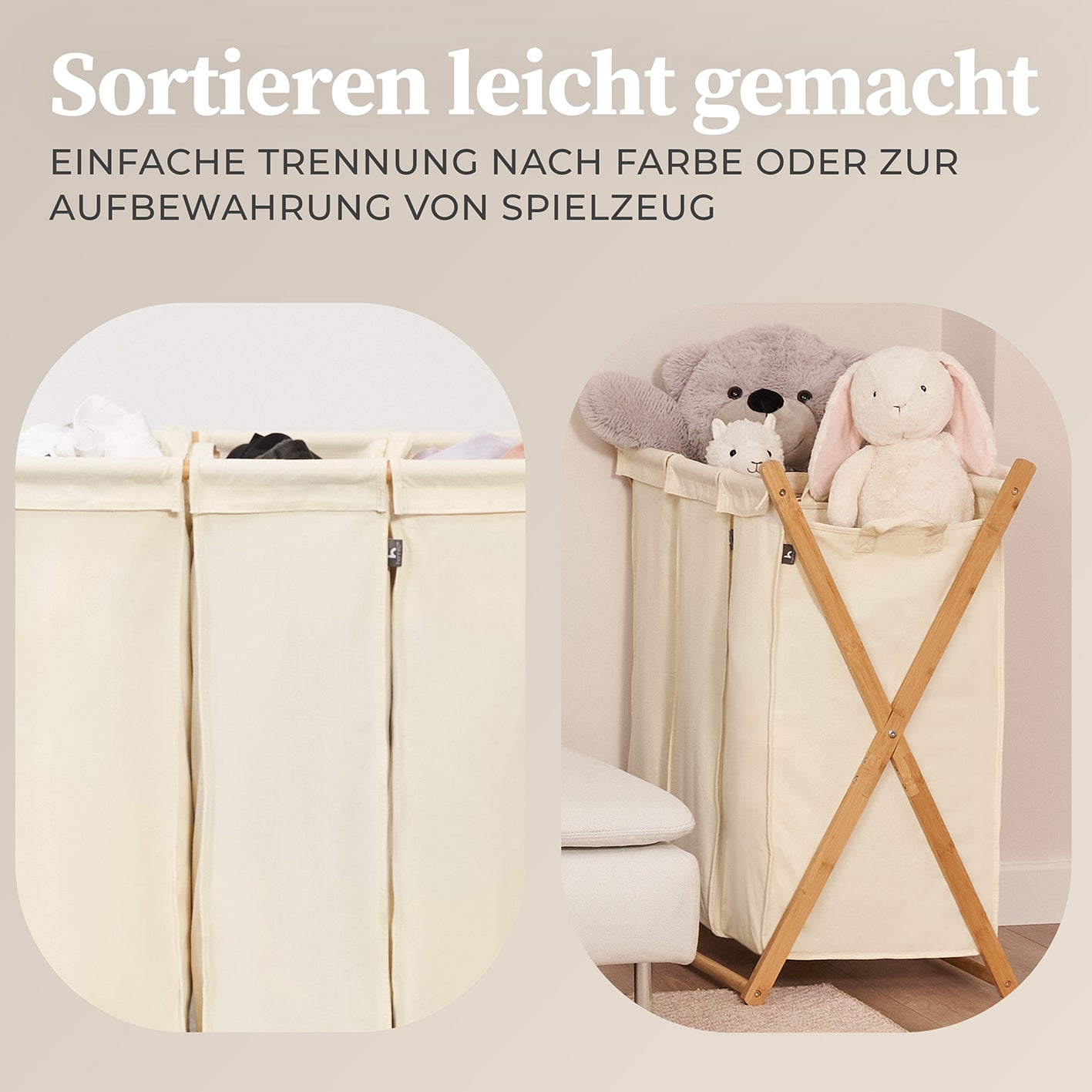 Wäschesammler "Xavier" 150 l - 3 Fächer - Beige mit Bambusgestell und drei getrennten Fächern zum Sortieren und Aufbewahren.