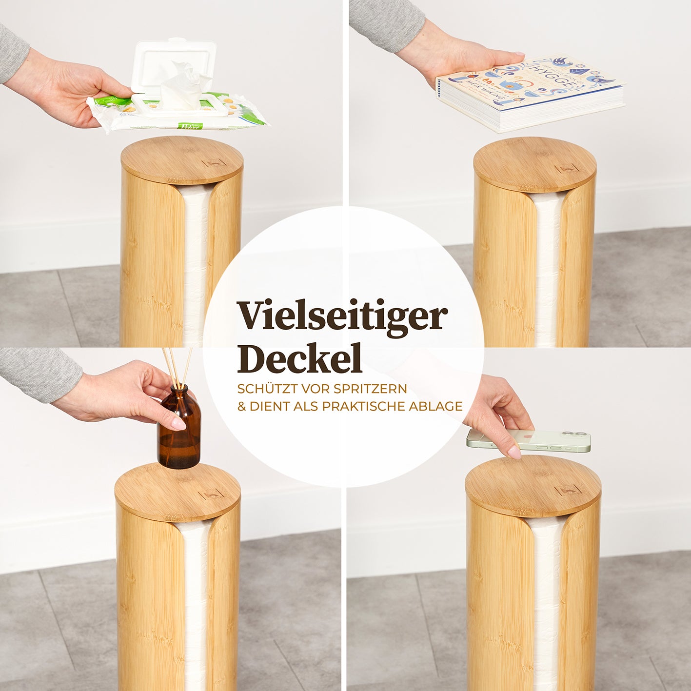 Toilettenpapier-Aufbewahrung "Maria" - Bambus mit vielseitigem Deckel, schützt und dient als praktische Ablage im Bad.