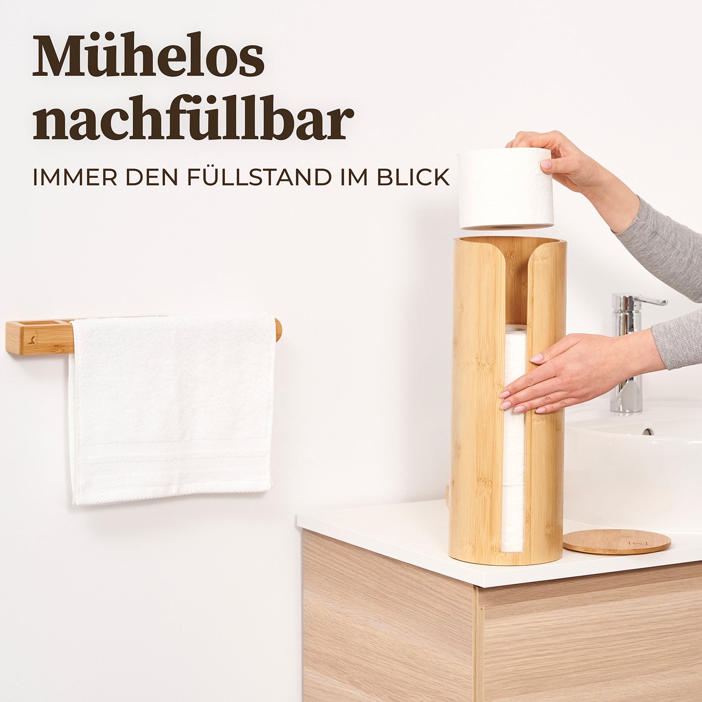 Toilettenpapier-Aufbewahrung "Maria" - Bambus, nachhaltiger WC-Rollenhalter mit Füllstandsanzeige, stilvoll und praktisch fürs Badezimmer.