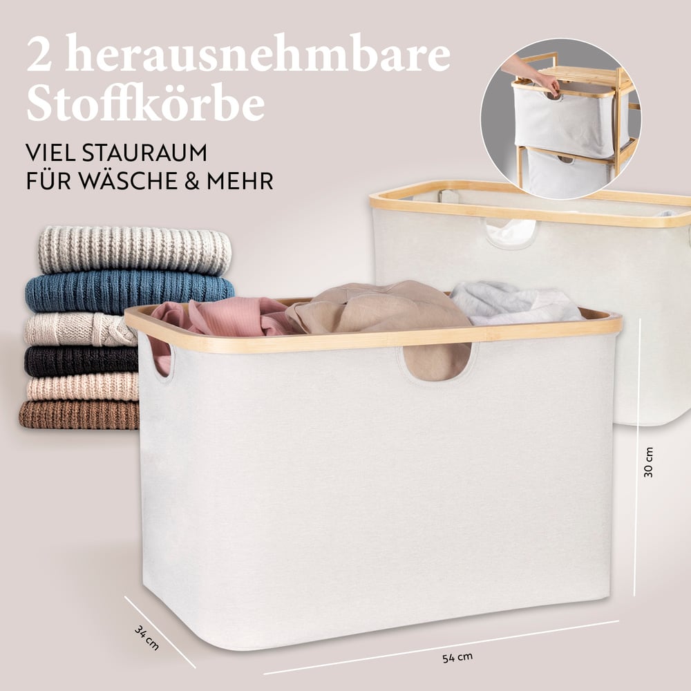 Bambus-Regal Bad hellgrau mit 2 herausnehmbaren Stoffkörben für Wäsche, bietet viel Stauraum und ist 30 cm hoch.