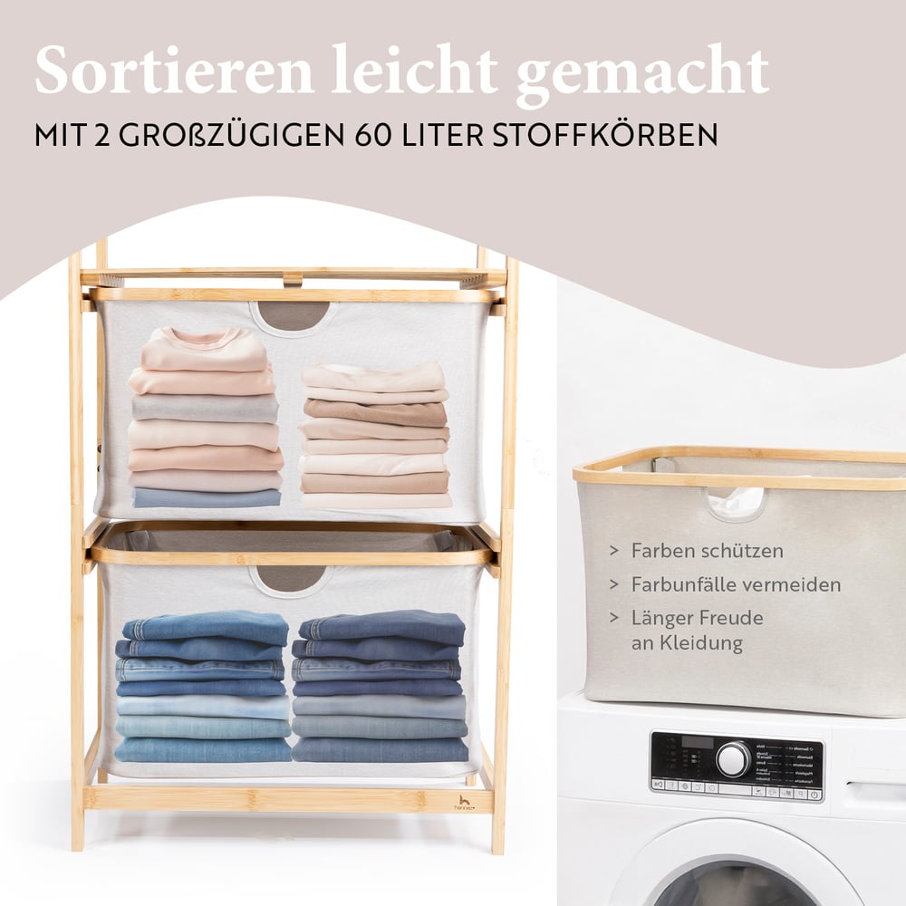 Bambus-Regal Bad hellgrau mit 2 großen Stoffkörben und Ablagefläche für Wäsche und Badutensilien, kompakt und stabil.