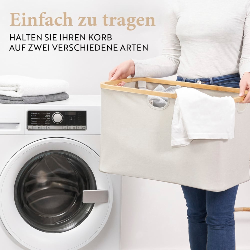 Bambus-Regal Bad hellgrau mit robustem Bambusrahmen, zwei Ablageflächen und Körben für Wäsche und Badutensilien.