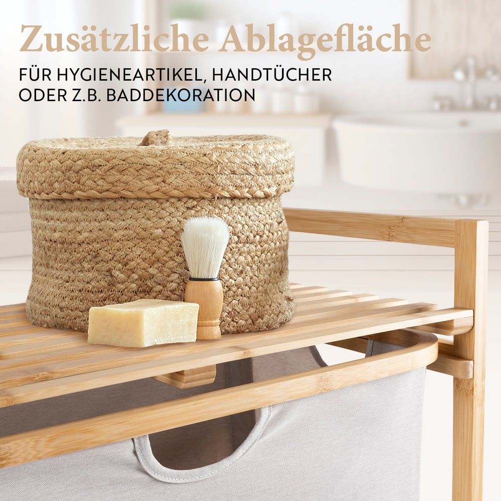 Bambus-Regal Bad hellgrau mit extra Ablagefläche aus Bambus für Hygieneartikel und Badutensilien kompakt und stabil.