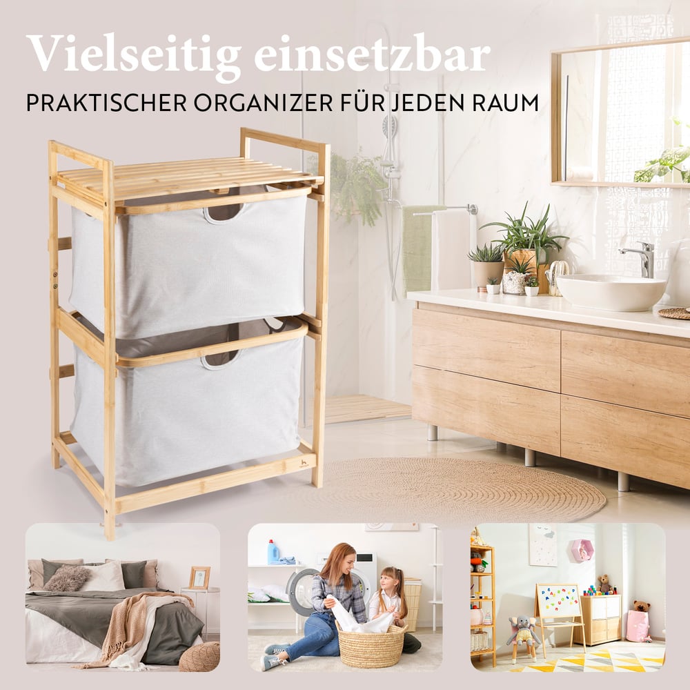 Bambus-Regal Bad hellgrau mit zwei Etagen und Stoffkörben, ideal zur Aufbewahrung von Wäsche und Badutensilien.