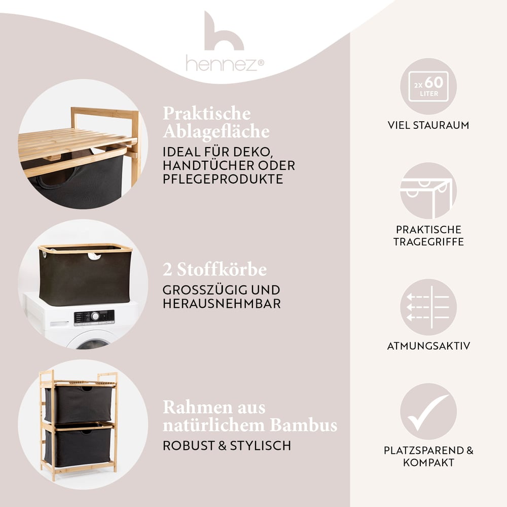 Bambus Regal mit Ablage und Körben - Dunkelgrau mit 2 Stoffkörben, praktischer Ablagefläche und robustem Bambusrahmen, platzsparend und atmungsaktiv.