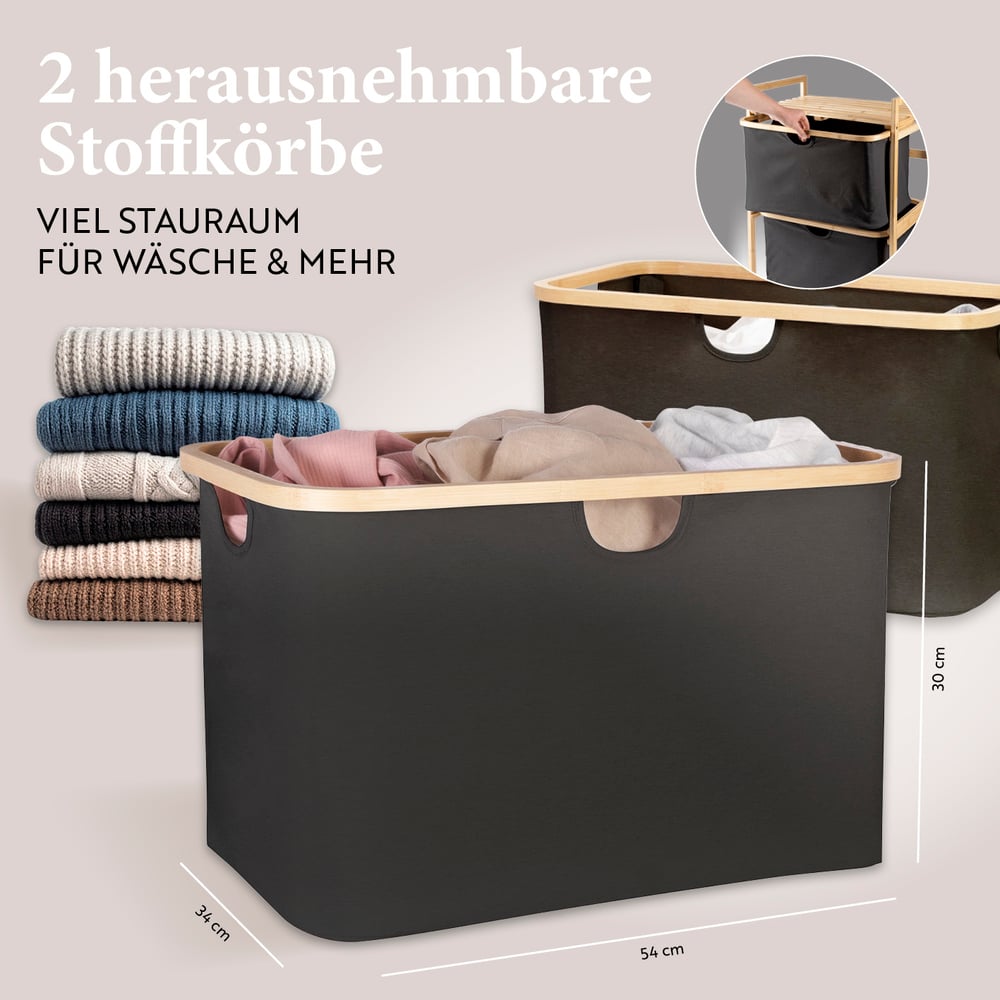 Bambus Regal mit Ablage und Körben - Dunkelgrau mit 2 herausnehmbaren Stoffkörben für viel Stauraum bei Wäsche und Badutensilien