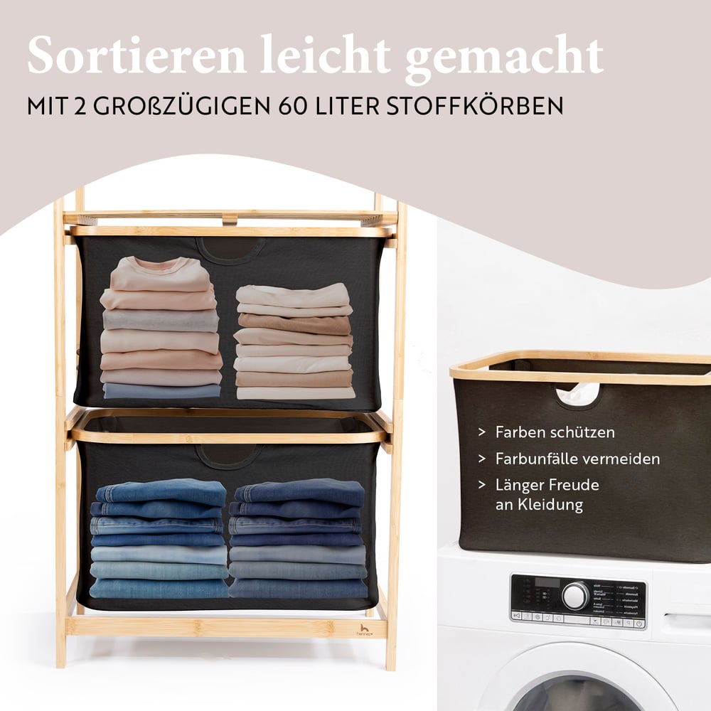 Bambus Regal mit Ablage und Körben - Dunkelgrau mit 2 großen Stoffkörben ideal zur Aufbewahrung von Kleidung und Wäsche.