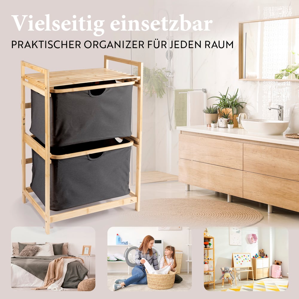 Bambus Regal mit Ablage und Körben - Dunkelgrau, 2-stöckig, robust, ideal für Bad, Wäsche und vielseitige Aufbewahrung.