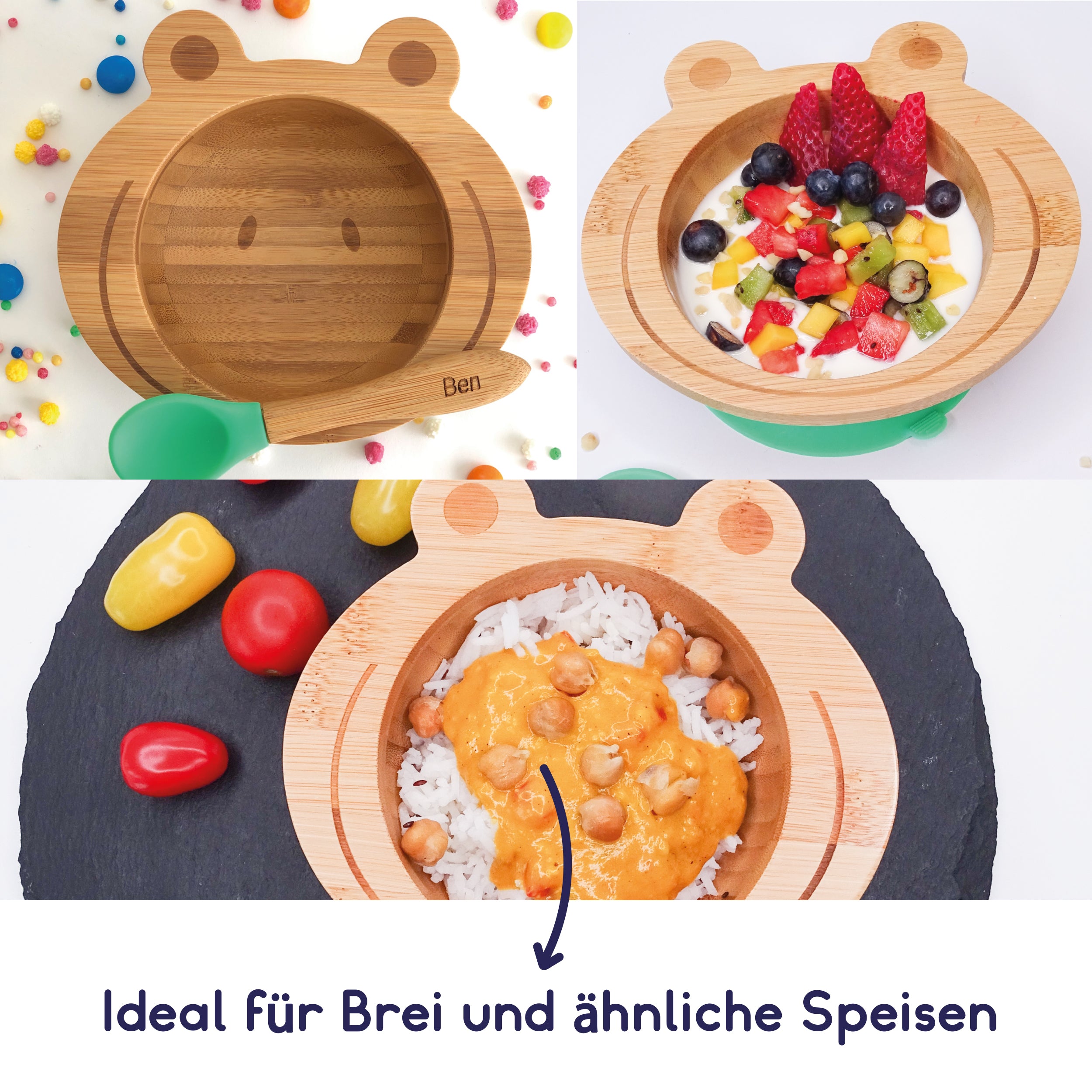 Bambus-Schüssel für Kinder inkl. Löffel - mit Froschmotiv - Grün, kindgerechtes Geschirr für Brei und Snacks.