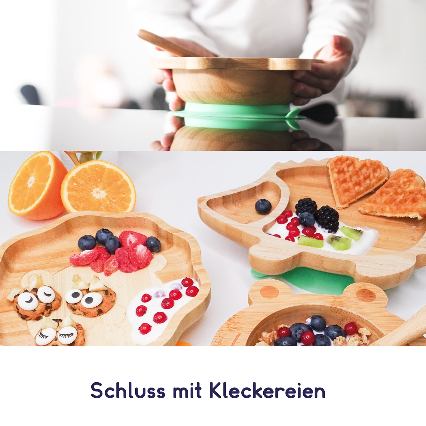 Bambus-Schüssel für Kinder inkl. Löffel - mit Pandamotiv - Orange mit Saugnapf hält die Schüssel sicher auf dem Tisch.