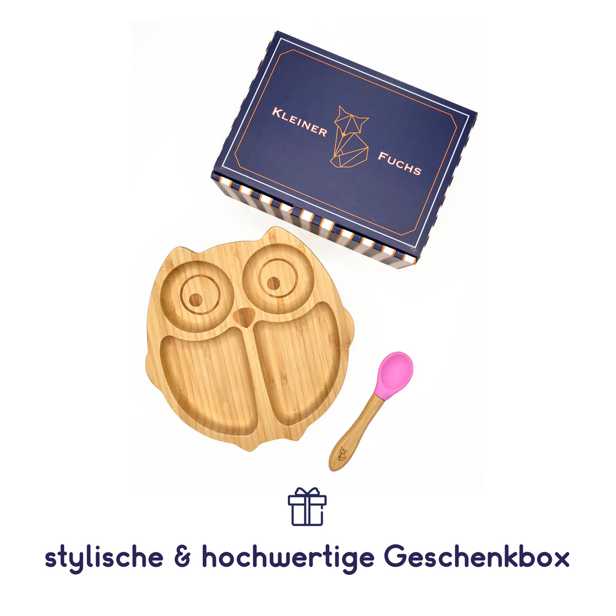 Bambus-Teller für Kinder inkl. Löffel - mit Eulenmotiv - Rosa