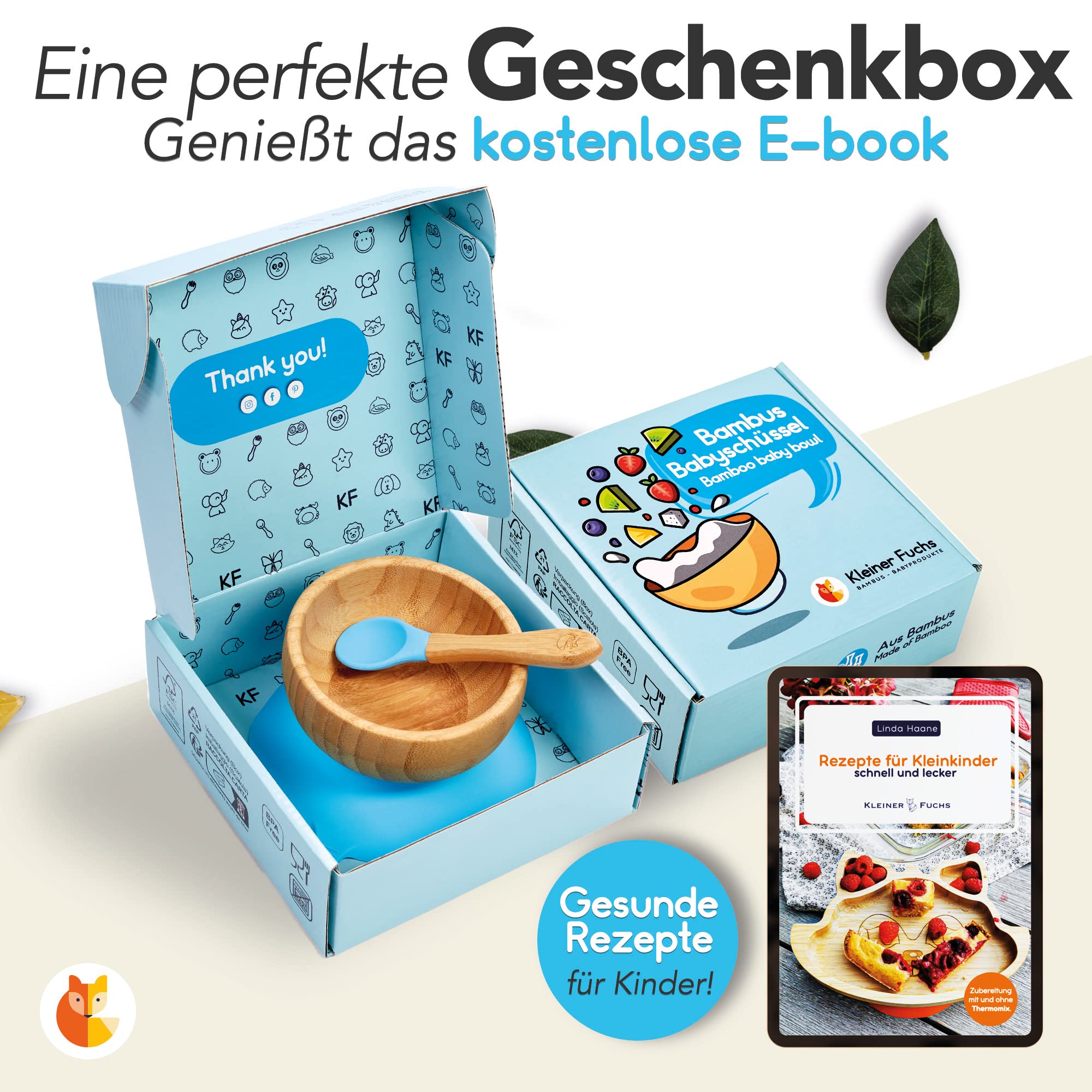Bambus-Schüssel für Kinder inkl. Löffel - Hellblau in Geschenkbox mit BPA-freiem Saugnapf und praktischen Rezepttipps für gesunde Mahlzeiten.