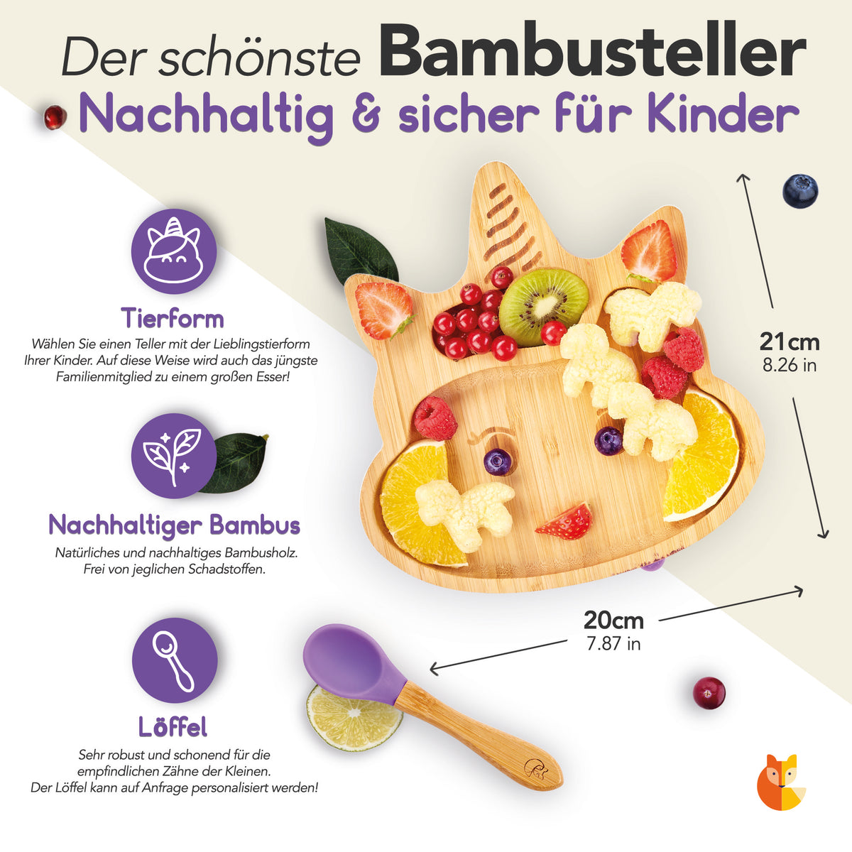 Produktgrafik: Bambus-Teller für Kinder inkl. Löffel - mit Einhornmotiv - Lila, Maße 20 mal 21 cm
