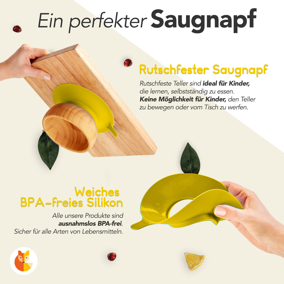 Bambus-Teller für Kinder inkl. Löffel - mit Hundemotiv - Gelb mit rutschfestem Saugnapf.
