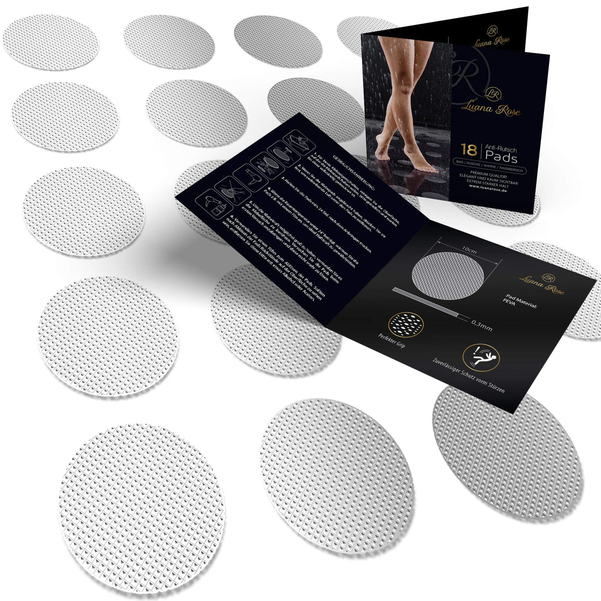 Antirutsch Pads - Ø 10 cm - 18 Stück mit runden grauen Haftpads und Verpackung