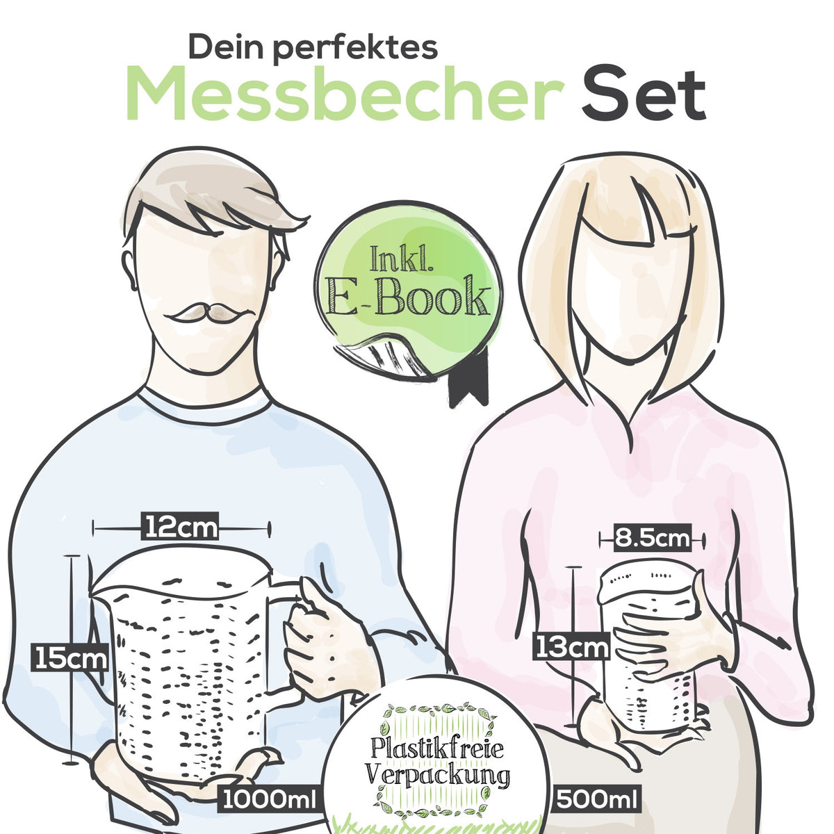 Illustration von zwei Personen mit Messbecher - Glas - 1 L & 500 ml - 2er Set, Größenangaben und Hinweis auf plastikfreie Verpackung und E-Book