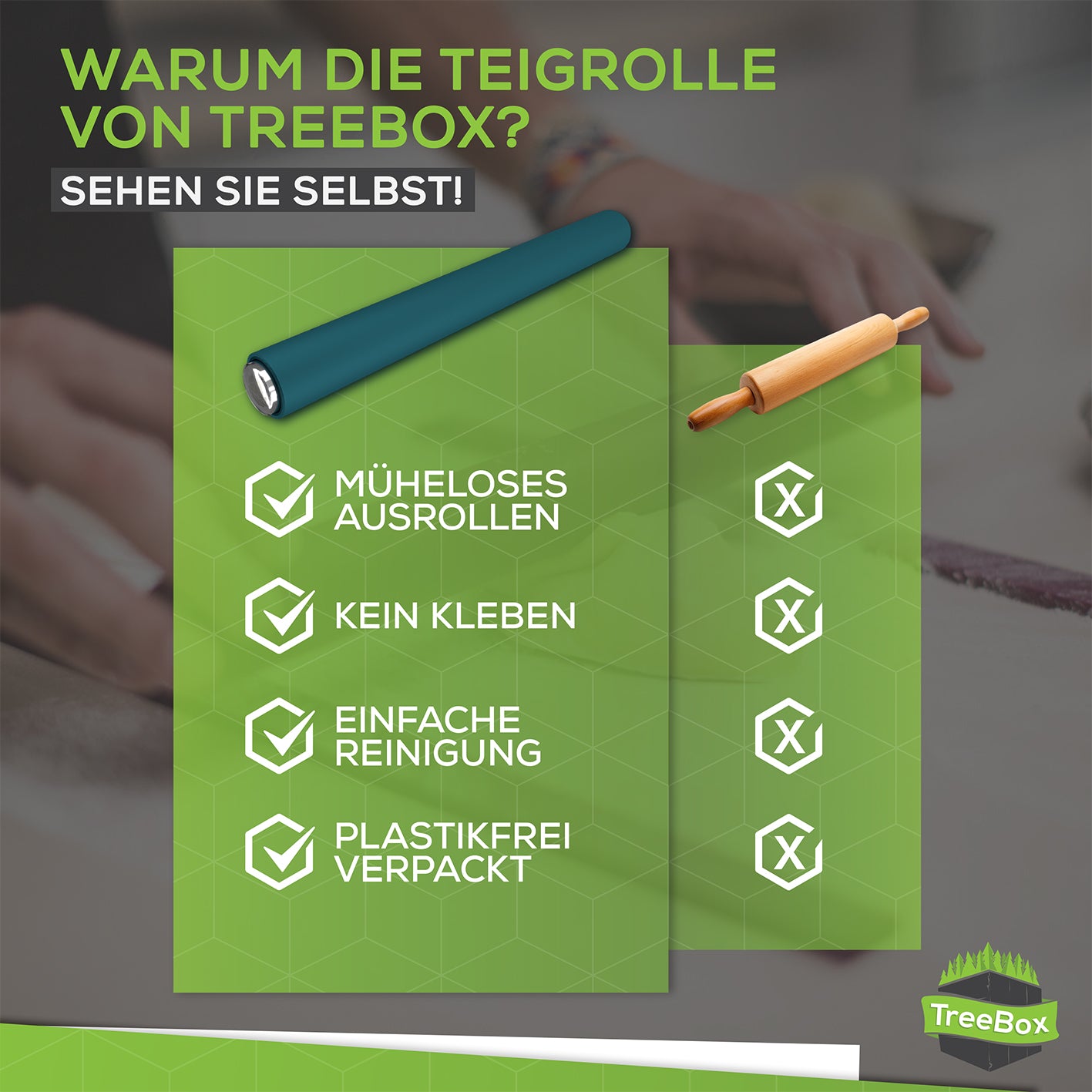 Teigroller aus Silikon - Cyan liegt neben einem herkömmlichen Holzroller, Vorteile wie müheloses Ausrollen werden hervorgehoben.